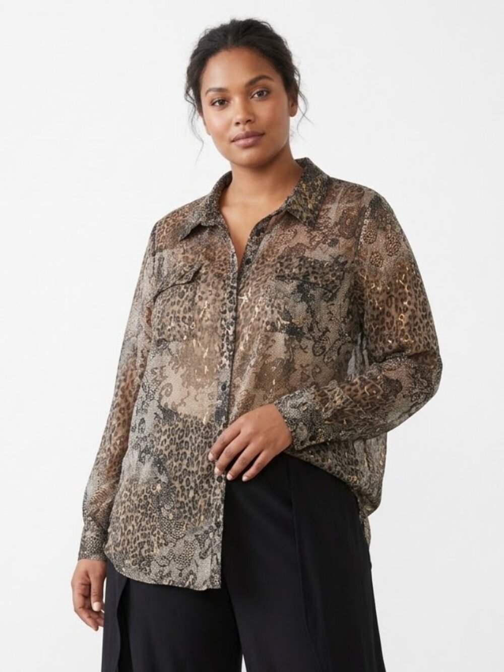Lane Bryant Blouse Brown Leopard Metallic Button Up Sheer Grunge 22/24